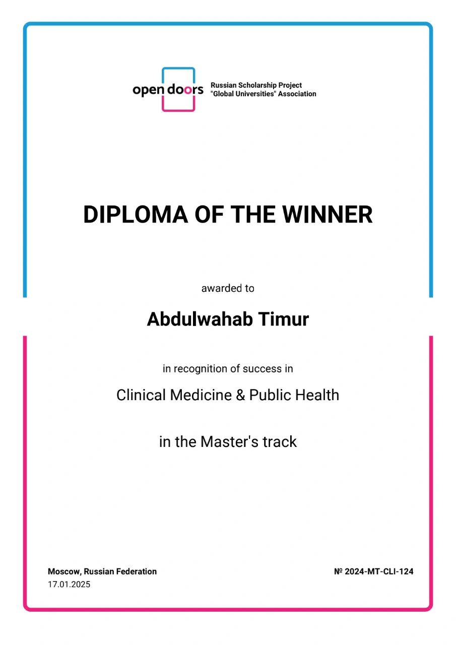 Opendoors Olympiad Diploma of The Winner in The Master's Track Of Clinical Medicine & Public Health
